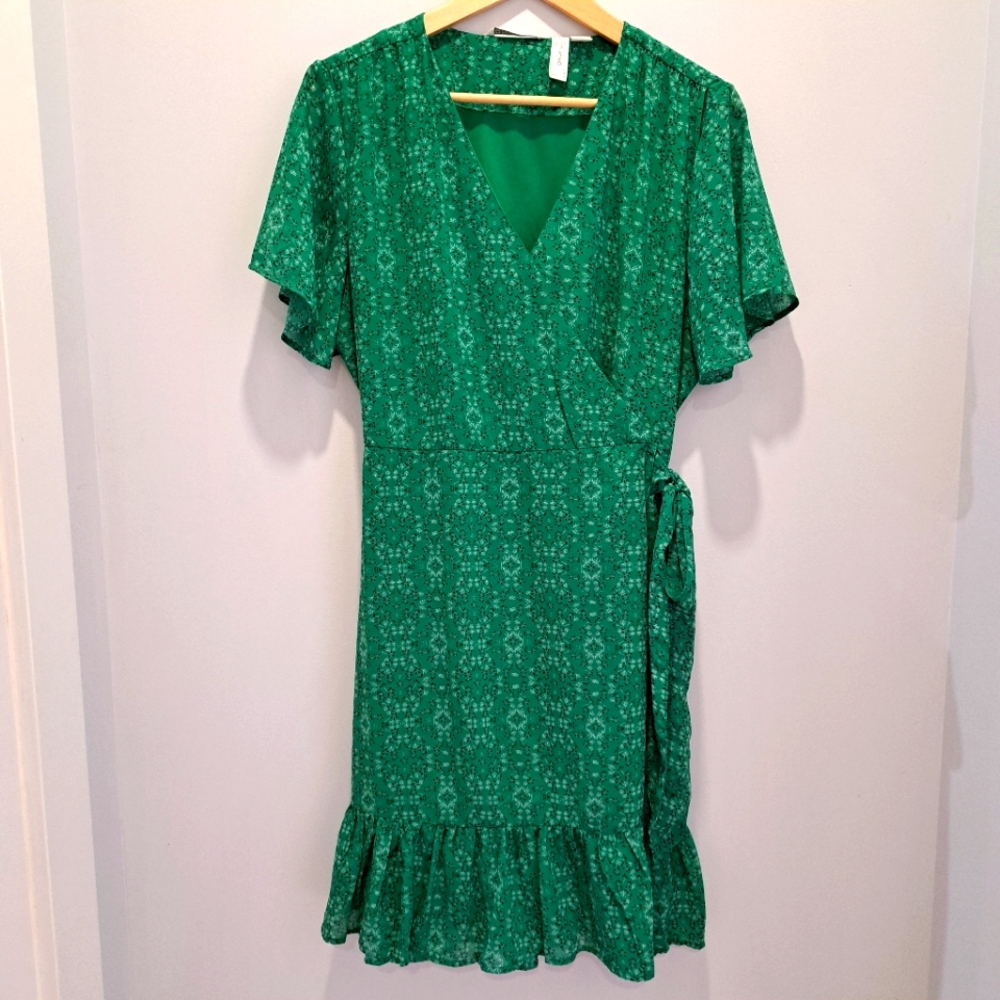 Emerald Green Boho Print Flutter Sleeve Mini Wrap Dress Womens L